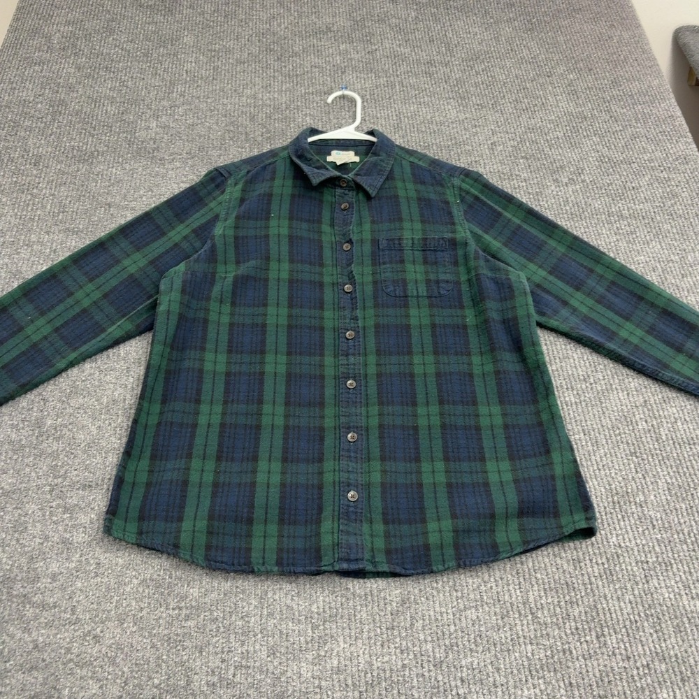 LL Bean Shirt Womens L Green Blue Cotton Plaid Button Down Flannel Casual